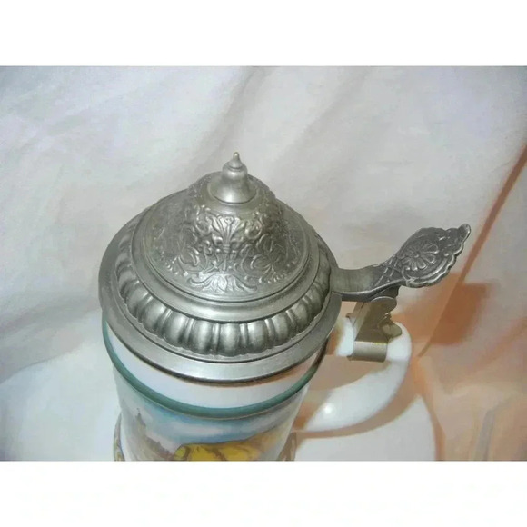 Milk Glass Pewter lid Beer Stein BMF Bierseidel Colorful German Glass Pewter - Picture 4 of 8